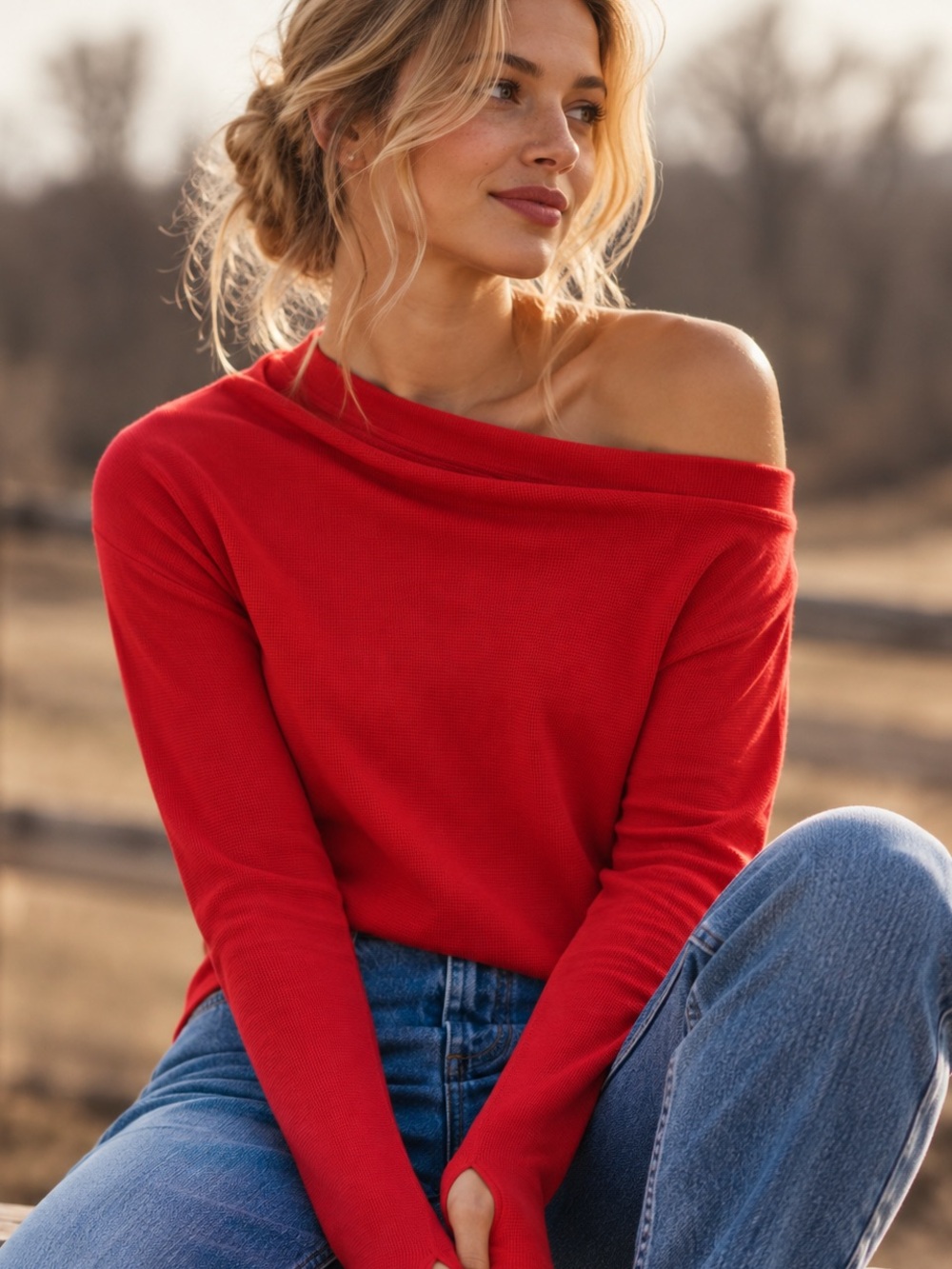 Free People Fuji Thermal Red Off Shoulder Thumbhole Long Sleeve Top Medium